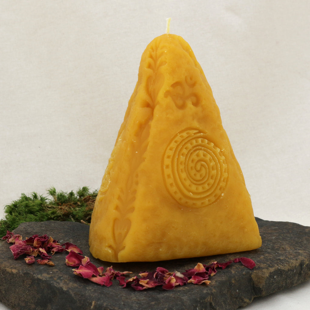 Candle with Om, Ganesha, Spiral - Temple Mountain made of beeswax