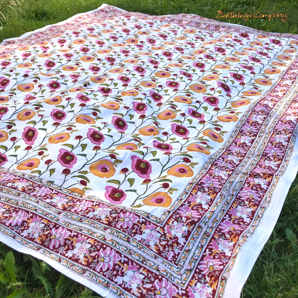 Blockprint Tuch mit Mohnblüten Größe 225 cm mal 275 cm für Doppelbett