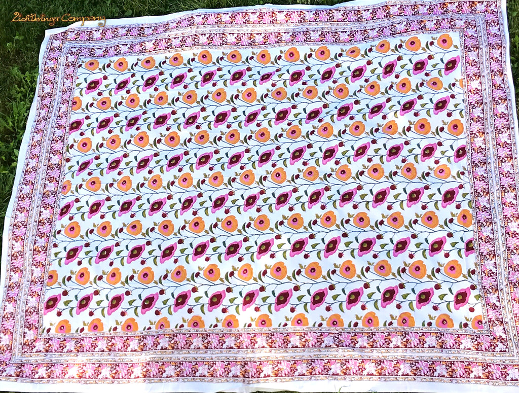 Blockprint Tuch mit Mohnblüten Größe 225 cm mal 275 cm