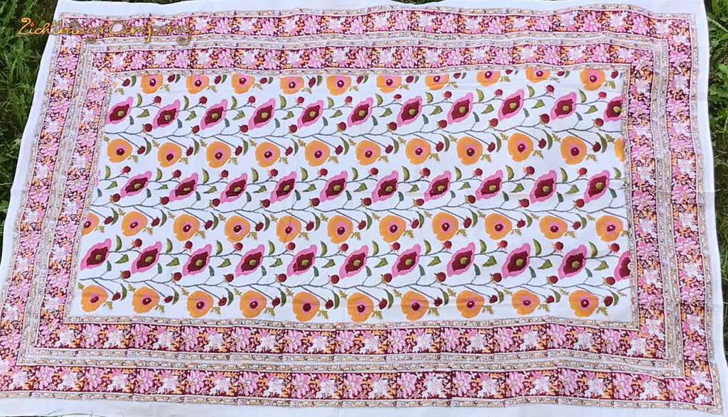Blockprint Tuch mit Mohnblüten Größe 150 cm mal 200 cm