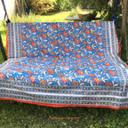 Blockdruck Tuch mit Blumen, kräftige Farben blau, rot, gelb. Größe 225 cm mal 275 cm als Tagesdecke, Strandtuch, Tischdecke