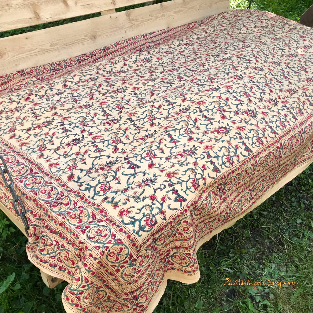 Block print fabric with floral swirls