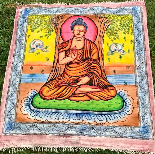 Buddha Wandtuch groß 220x250 cm – schwere gewebte Qualität mit Kordeln, buntes Baumwolltuch mit Buddha