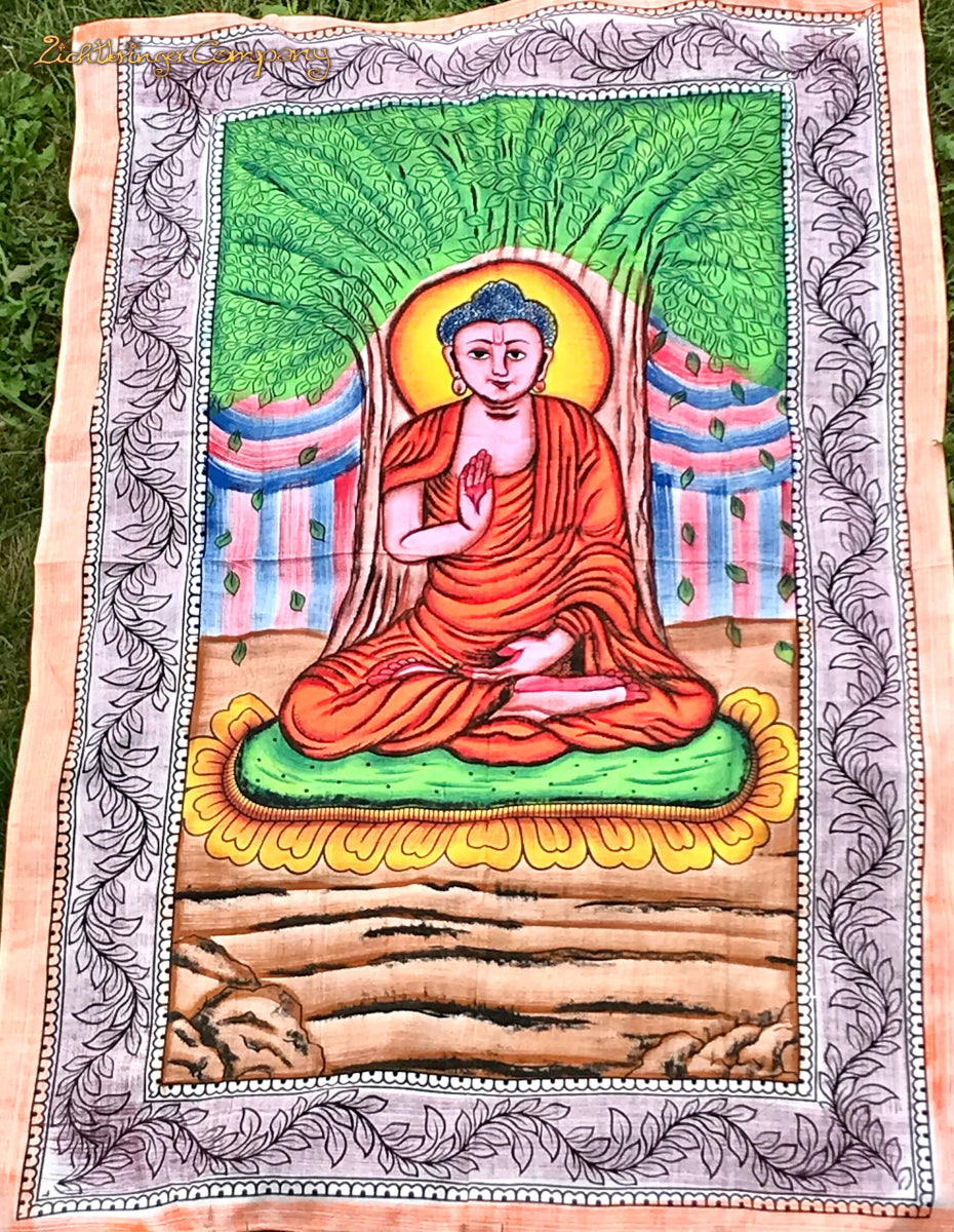 Buddha Wandtuch klein 140x200 cm – buntes Baumwolltuch mit meditierendem Buddha
