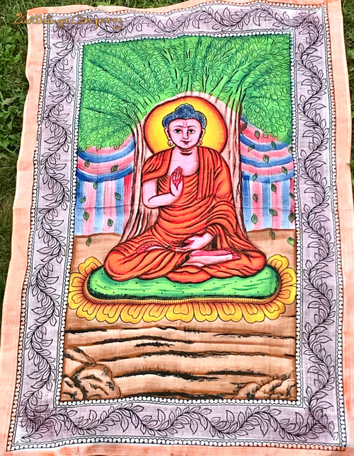 Buddha Wandtuch klein 140x200 cm – buntes Baumwolltuch mit meditierendem Buddha