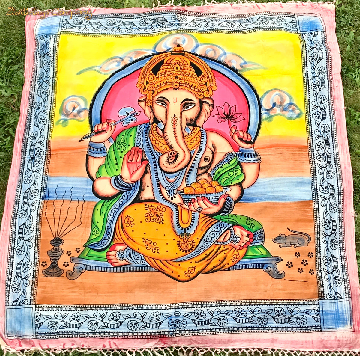 Ganesha Wandtuch groß 220x250 cm – schwere gewebte Qualität mit Kordeln, buntes Baumwolltuch mit Ganesha Darstellung
