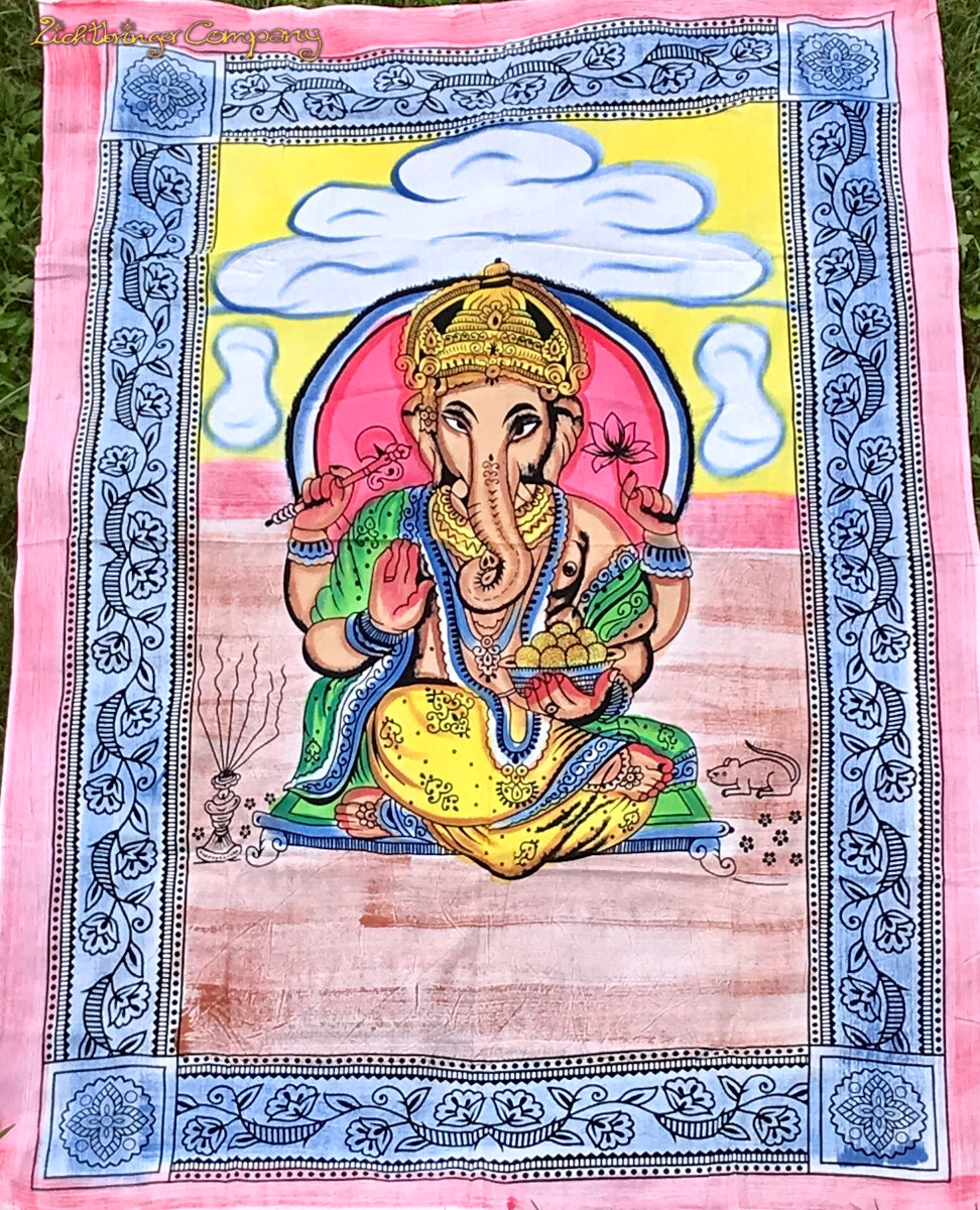 Ganesha Wandtuch klein 140x200 cm – buntes Baumwolltuch mit Ganesha-Motiv 
