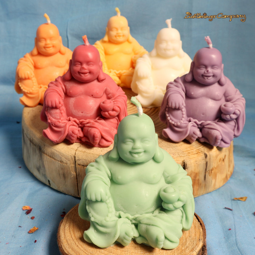 Glücksbuddha, Kerzen aus Rapswachs – Farbauswahl in der Übersicht, handgefertigt von Lichtbringer Company
