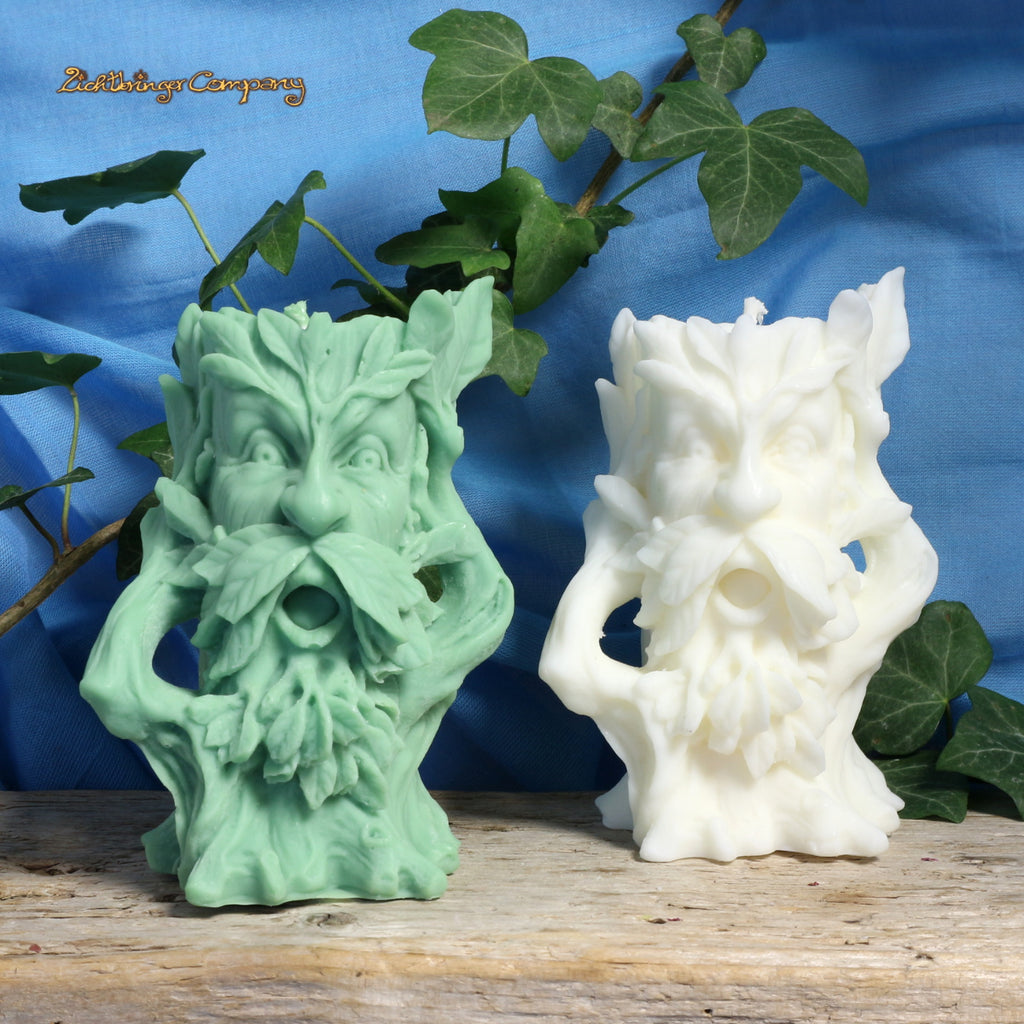 Baumgeist Green Man Ritualkerzen aus Rapswachs in grün und naturweiß – handgefertigt von Lichtbringer Company
