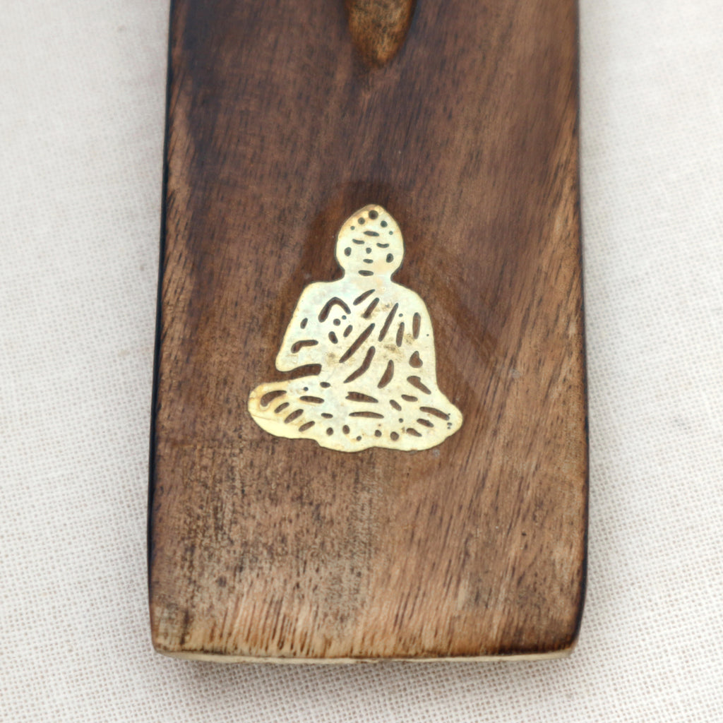 Räucherstäbchenhalter aus Mangoholz mit Messingeinlage, Motiv Buddha – geschwungene Form, 27 cm, für klassische Räucherstäbchen