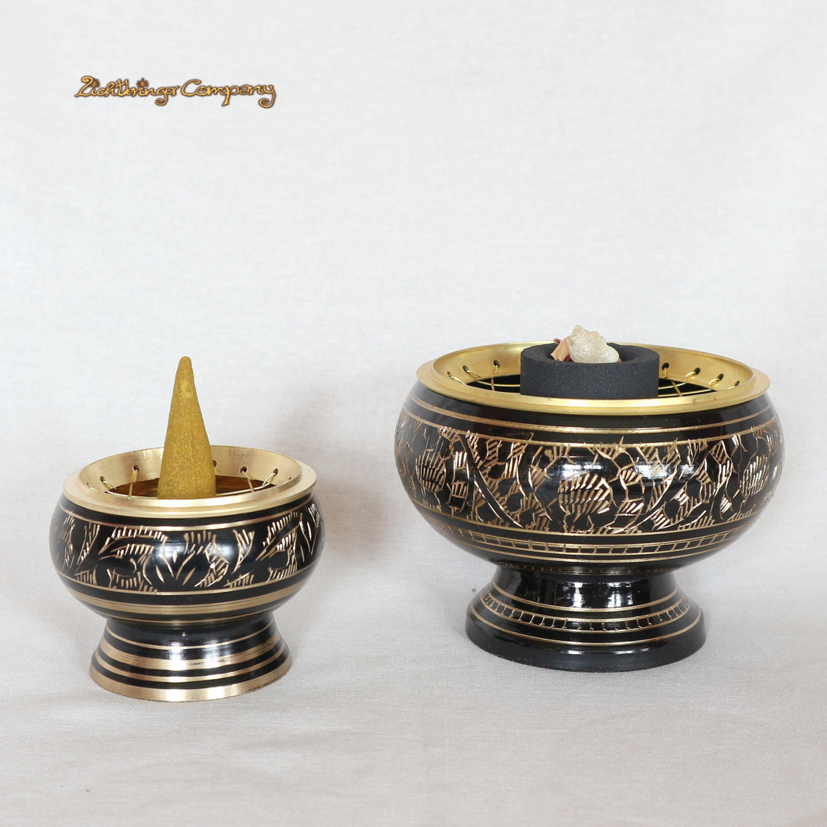 Räuchergefäß Morgana mit Netz für Kohle in 2 Größen erhältlich. Material Messing. Farbe Schwarz Gold