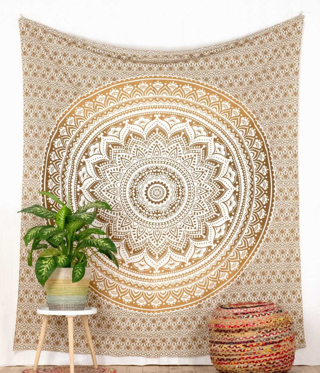 Peacock Feather Mandala Wall Tapestry in Green Orange 230 x 210 cm