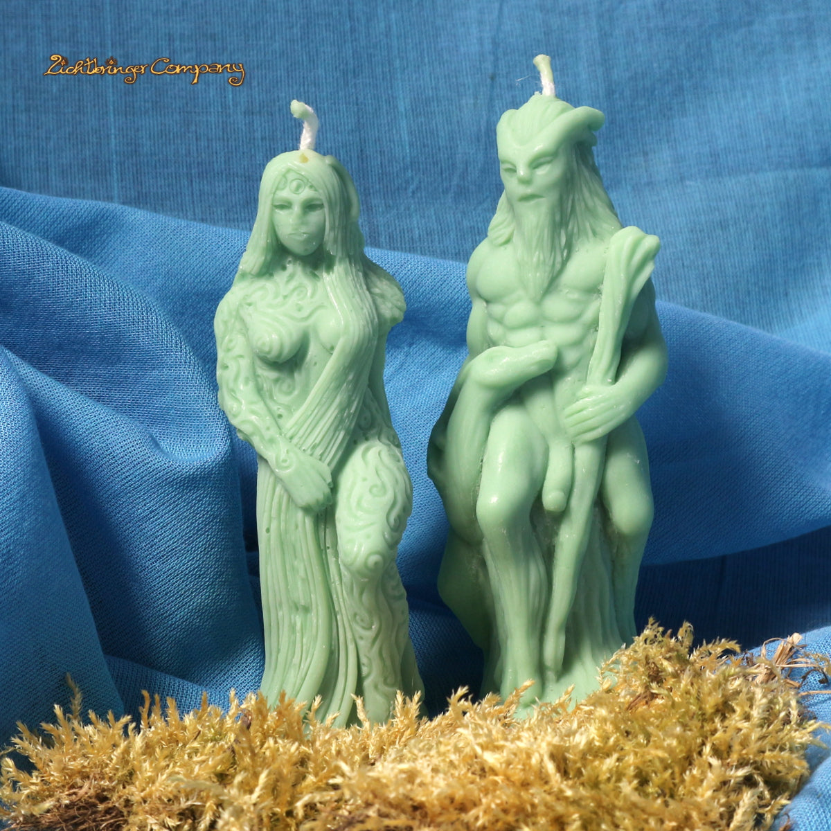 Pan und Freya Ritualkerzen aus Rapswachs in grün