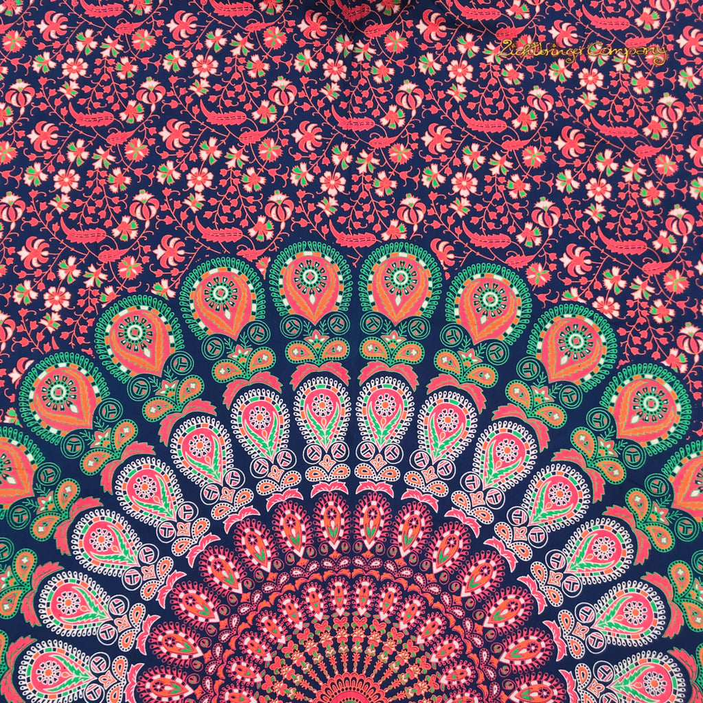 Peacock Feather Mandala Tapestry in Orange Dark Blue 140 x 200 cm