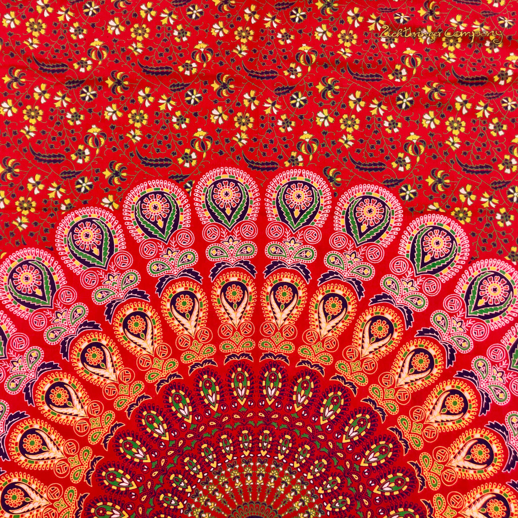 Peacock Feather Mandala Wall Hanging in Red Yellow 140 x 200 cm