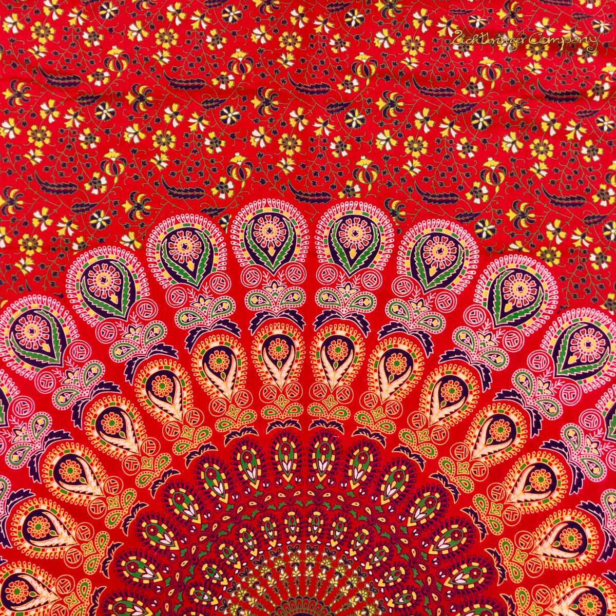 Pfauenfeder Mandala Wandtuch in rot gelb 140 x 200 cm
