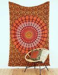 Peacock Feather Mandala Wall Tapestry in Orange Dark Red 140 x 200 cm