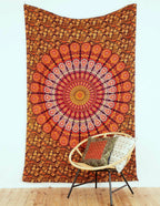 Peacock Feather Mandala Wall Tapestry in Orange Dark Red 140 x 200 cm