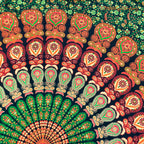 Peacock Feather Mandala Wall Tapestry in Green Orange 230 x 210 cm