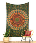 Peacock Feather Mandala Wall Tapestry in Green Orange 230 x 210 cm