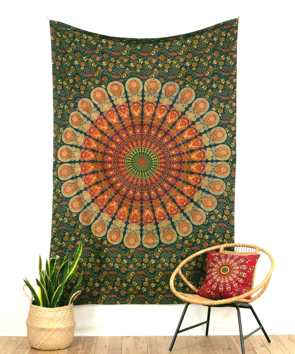 Peacock Feather Mandala Wall Tapestry in Green Orange 230 x 210 cm