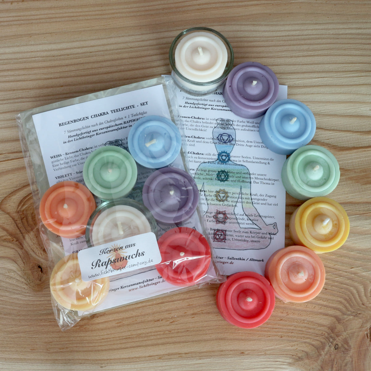 Regenbogen Chakra Teelichter Set aus Rapswachs