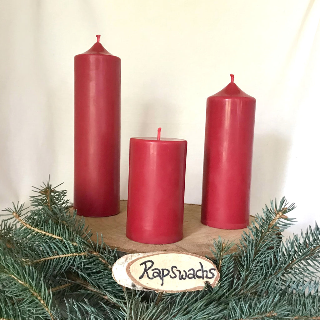 Rapswachs Stumpenkerzen rot in  3 Größen für den Adventskranz