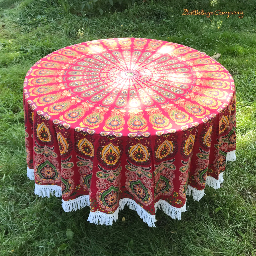 Peacock Feather Mandala Wall Hanging in Red Yellow 140 x 200 cm