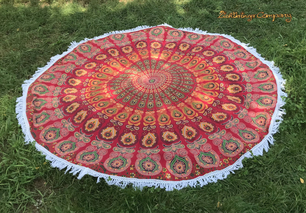 Peacock Feather Mandala Wall Hanging in Red Yellow 140 x 200 cm