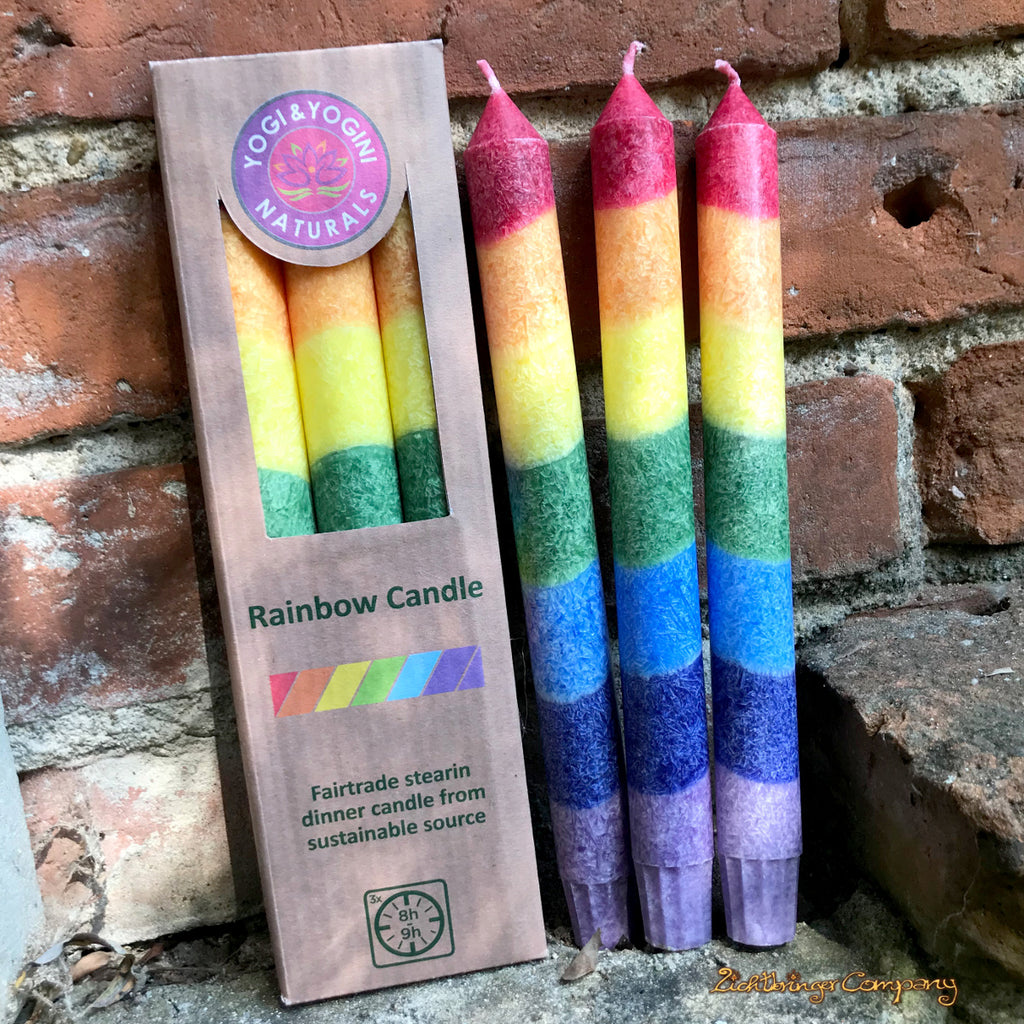 Regenbogen Stabkerzen 3er Set aus Stearin.