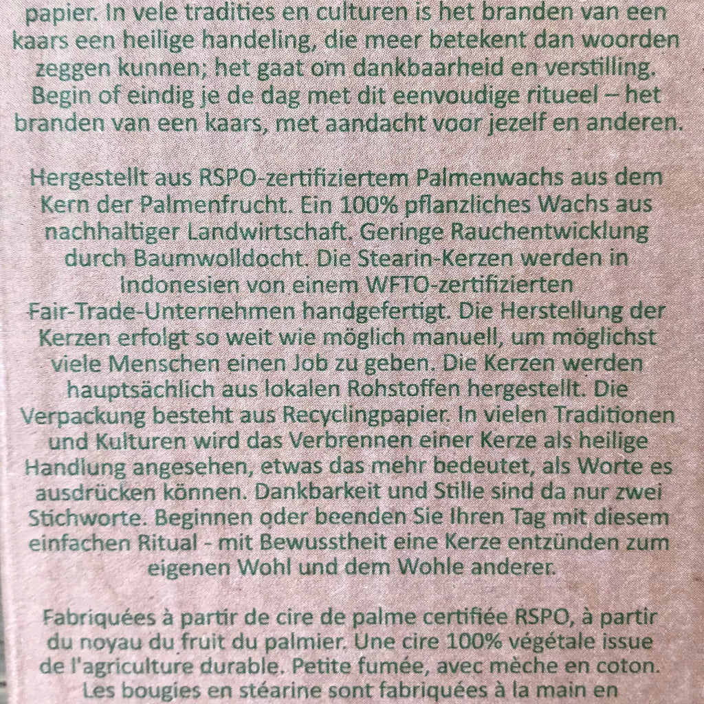 Regenbogen Stabkerzen 3er Set Infotext von der Faltschachtel