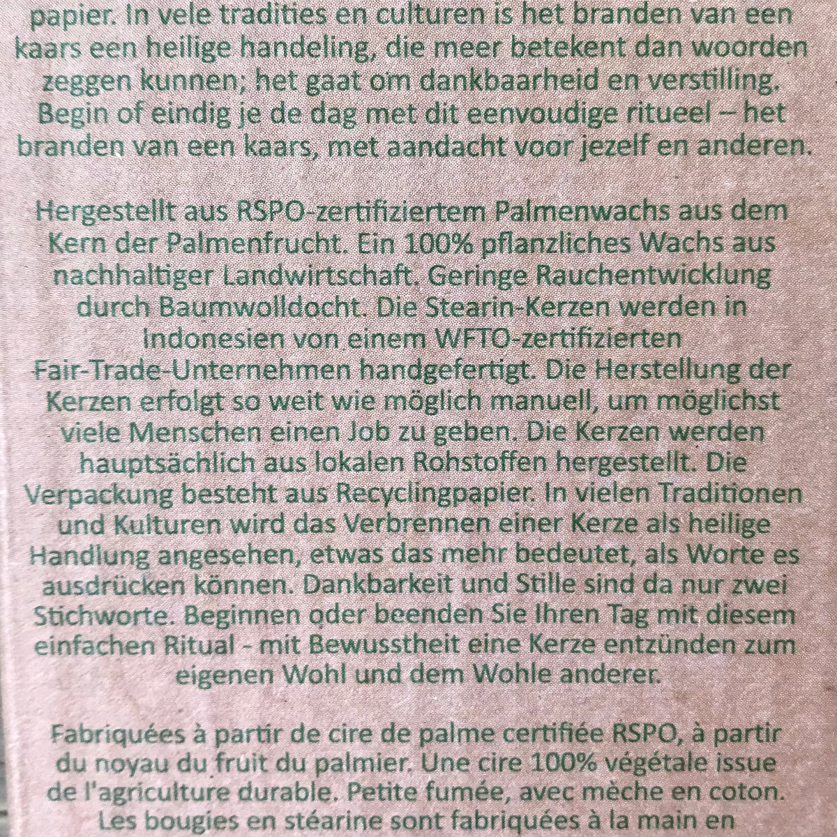 Regenbogen Stabkerzen 3er Set Infotext von der Faltschachtel