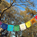 Drapeaux de prières avec des symboles tibétains de bon augure
