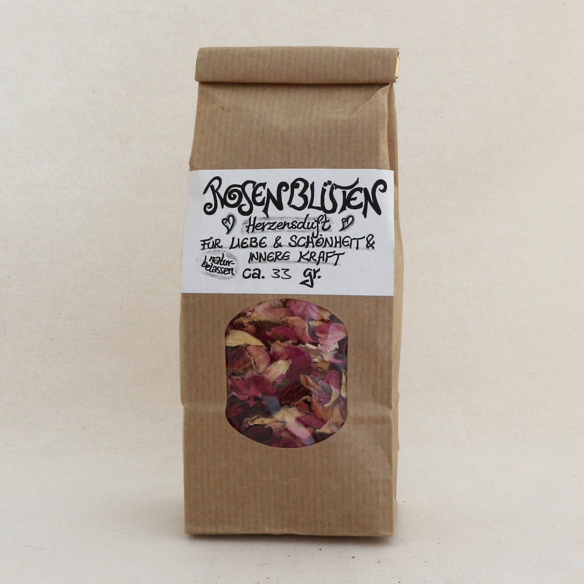Rosenblüten naturbelassen – Kräutertee im Papier-Blockbodenbeutel von Lichtbringer Company