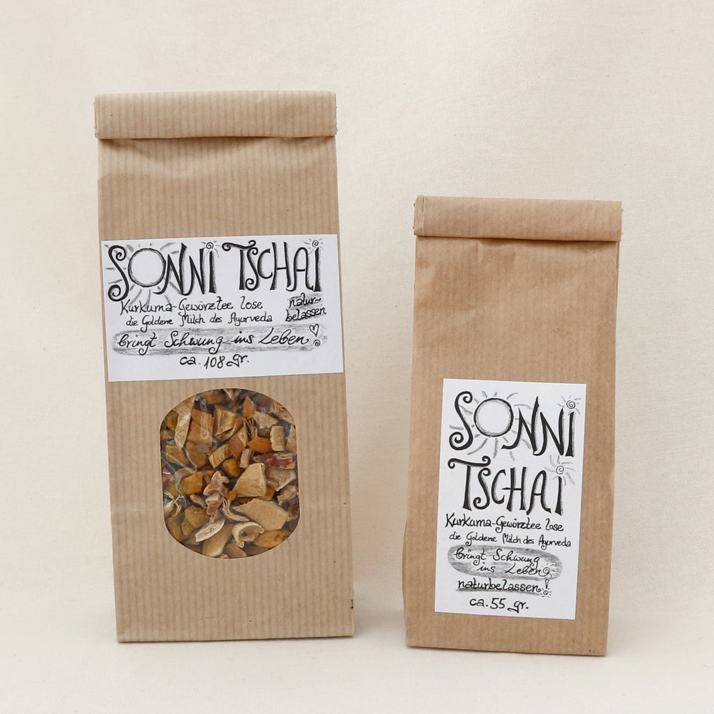 Sonni Tschai - Kurkuma-Gewürztee – große und kleine Packung Chai Gewürztee im Papier-Blockbodenbeutel von Lichtbringer Company