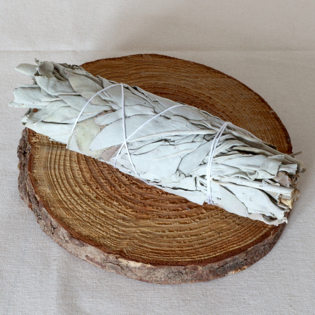 Weißer Salbei Räucherbündel mittel – ca. 14 cm lang, ca. 60 Gramm getrocknete Salvia Apiana Blätter mit Garn gebunden