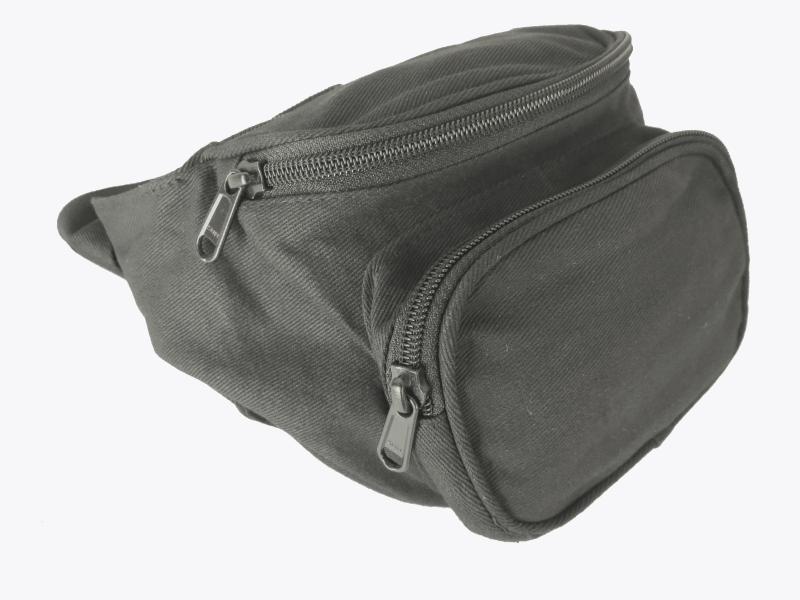 Bauchtasche für Smartphone, Powerbank, Geld in schwarz mit variablem Gurt und Klickverschluss.