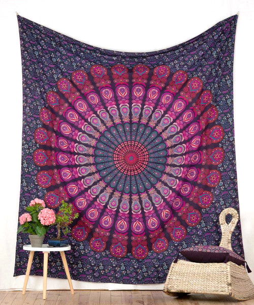 Mandala Wandtuch mit Pfauenfeder in blau-türkis, 140 x 200 cm