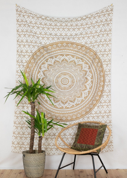 Goldenes Mandala Wandtuch in weiß, 140 * 220 cm