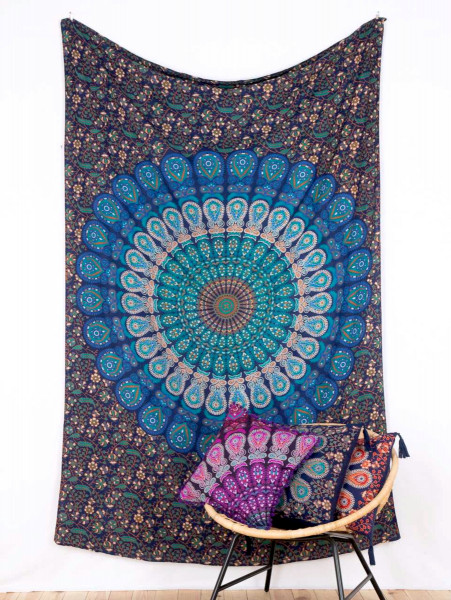 Mandala Wandtuch mit Pfauenfeder in blau-türkis, 140 x 200 cm