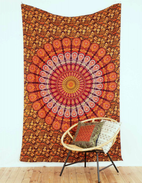 Pfauenfeder Mandala Wandtuch in orange dunkelrot, 140 x 200 cm