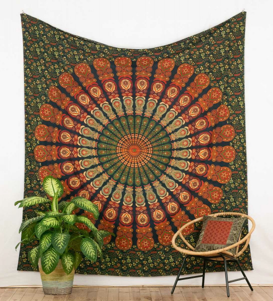 Pfauenfeder Mandala in grün-orange, 230 x 210 cm